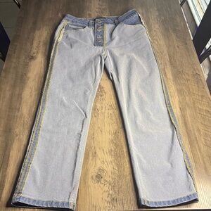 Blue Age Denim Button Fly Inside Out Straight Leg Jeans with Yellow Stitching